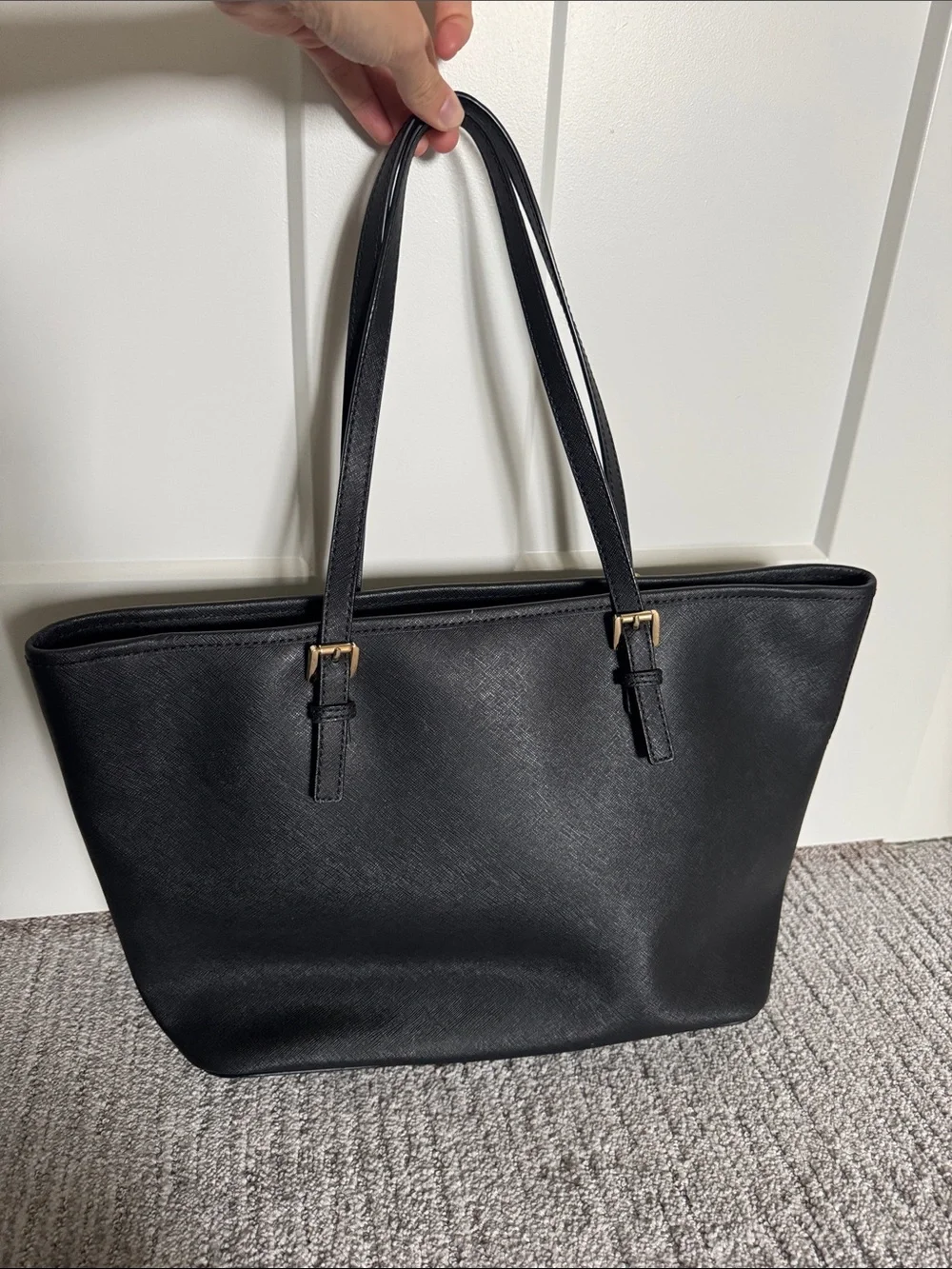 Michael Kors Black Leather Tote with Gold Logo Charm